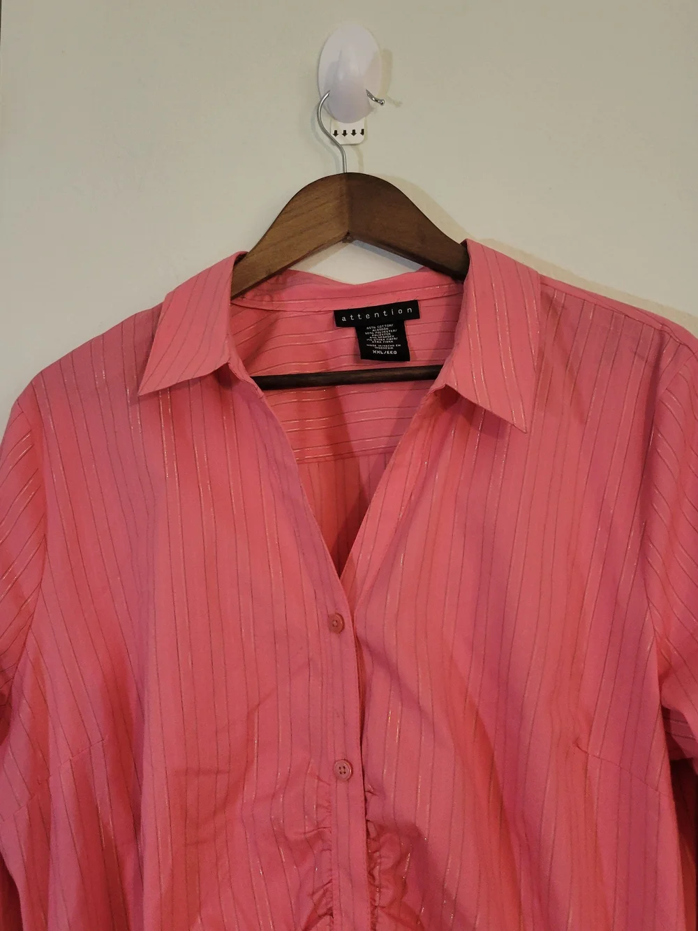 attention Pink Pinstripe Button-Front Ruching Shirt - Picture 3 of 5